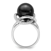 Majestik Sterling Silver Rhodium-plated 12-13mm Black Imitation Shell Pearl and CZ Ring